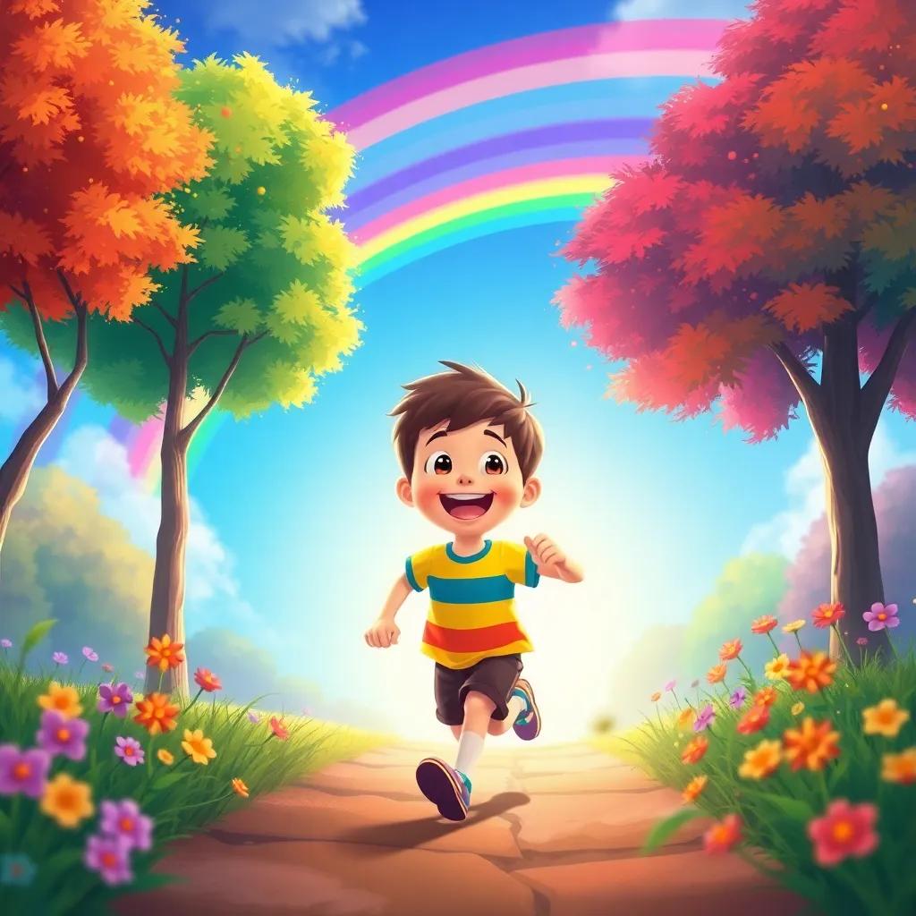 Lucas running outside with joy, surrounded by colorful trees and flowers, glowing with happiness under a rainbow sky, illustration, bright and cheerful, child-friendly