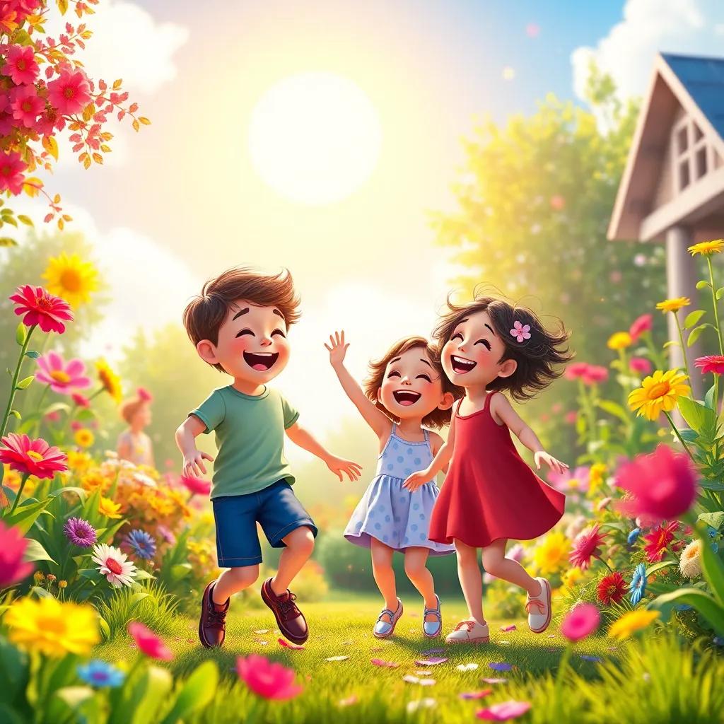 A joyful scene of children playing in the colorful garden, with sparkling colors in the air, laughing and dancing under a bright sun, vibrant, uplifting, heartwarming