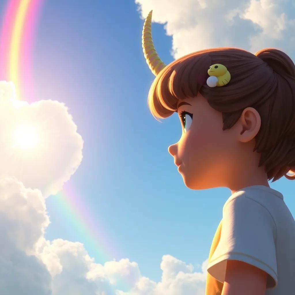 A close-up of Flomina creating a rainbow in the sky, with Lucas watching in awe, the cloud sparkling magic, beautiful colors blending in the sunshine, enchanting
