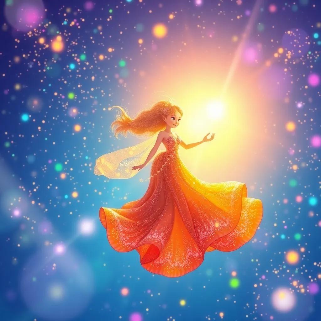 Flomina floating with sparkling colors, painting the sun shining like a golden treasure, whimsical style, bright colors, imaginative