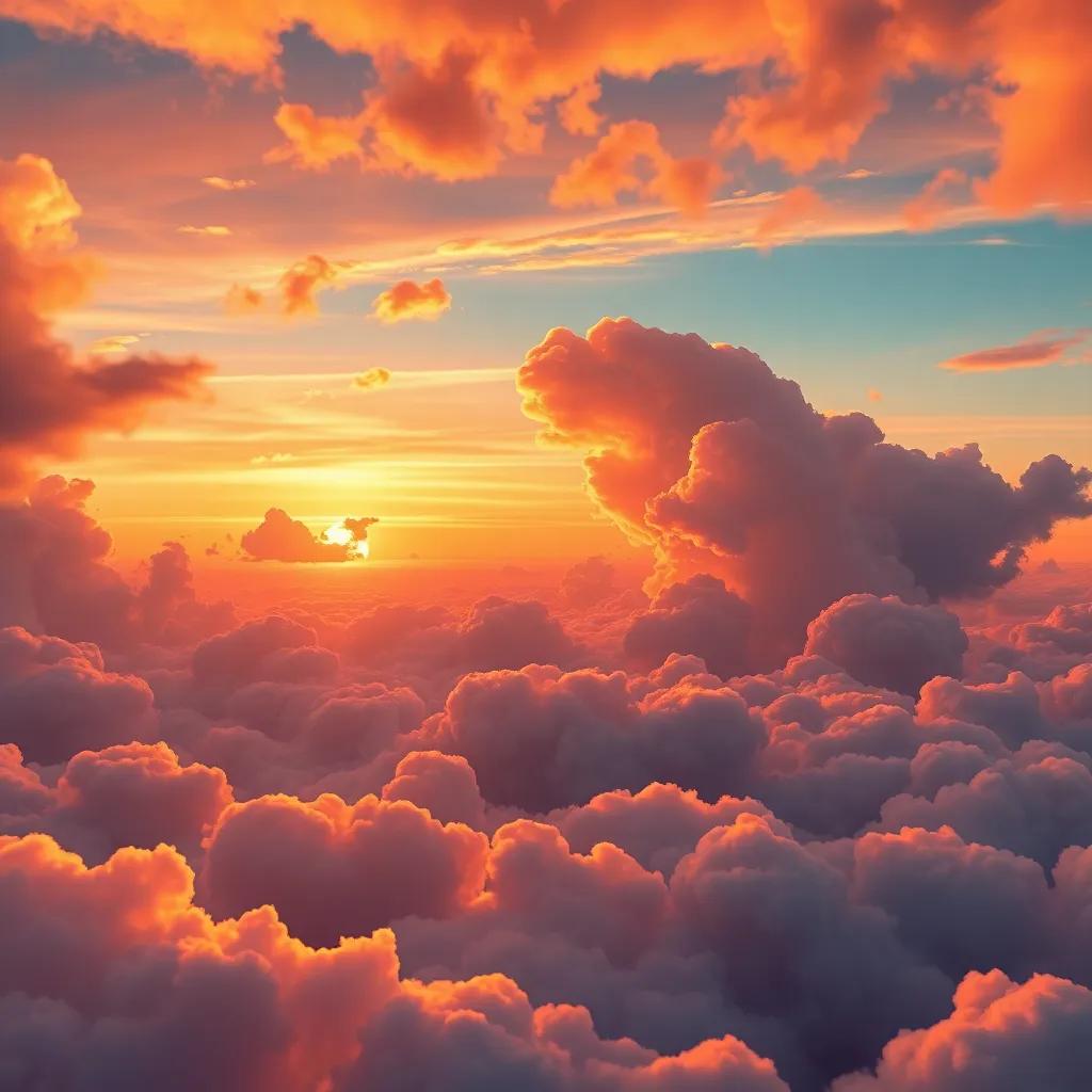 Flomina in the sky with fluffy clouds, creating colors in the sunset, with a glowing warm palette, breathtaking view, dreamy