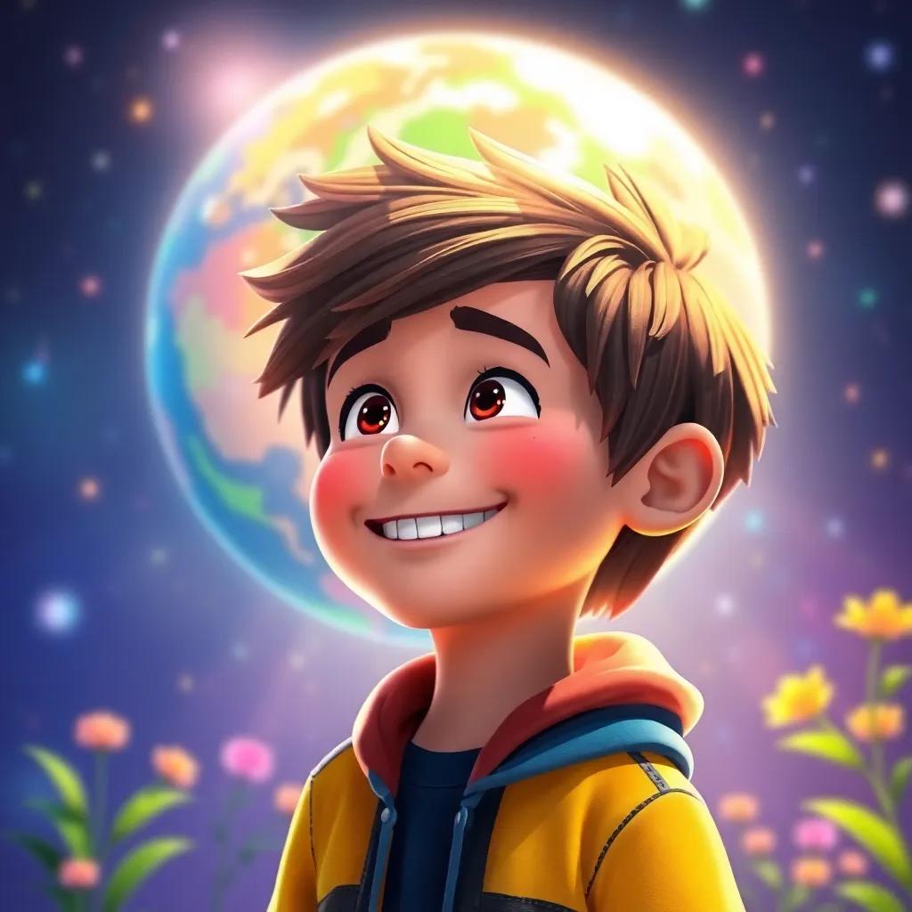 Lucas smiling and looking at the world around him, now filled with vibrant colors and beauty, a feeling of hope and joy in his eyes, inspirational scene, bright and colorful