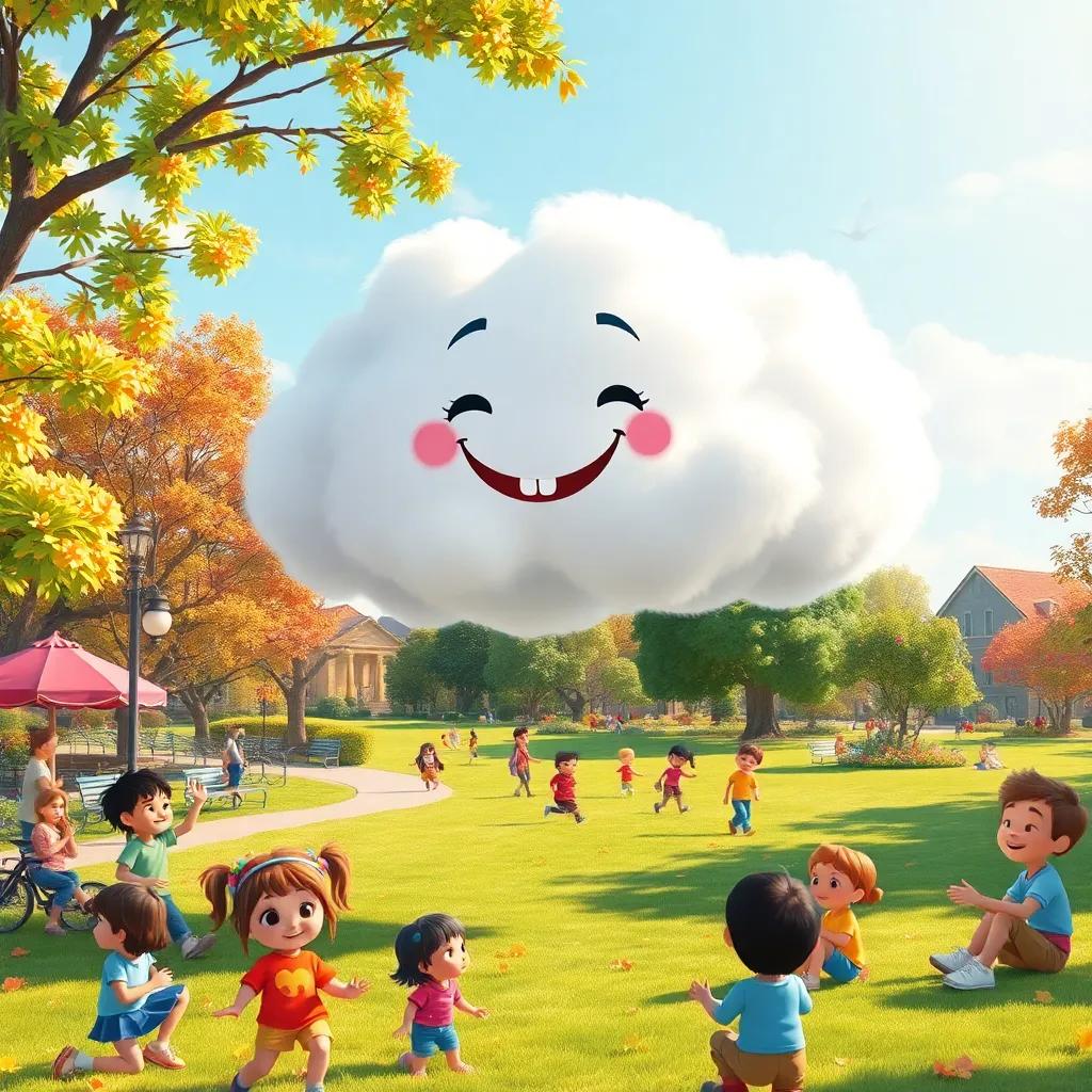 A mischievous cloud, Nimbus, with a fluffy, white appearance, floating over a sunny park filled with children playing and laughing, digital art, bright colors, cheerful atmosphere, high quality