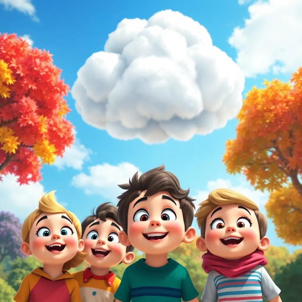 Nimbus, the fluffy cloud, looking down at the surprised children, with wide smiles and joyful expressions, colorful trees in the background, vibrant colors, happy mood, high quality