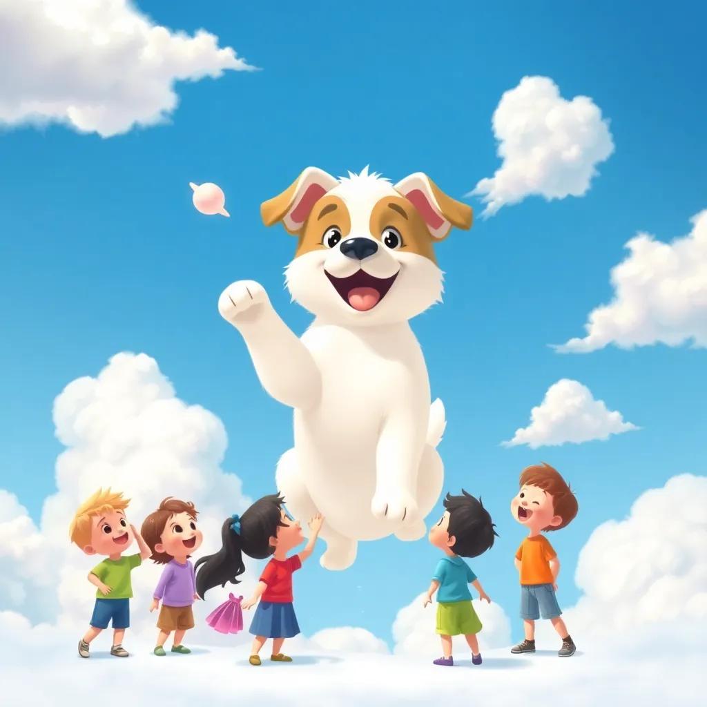 Nimbus, transforming into a playful puppy shape in the sky, surrounded by giggling children watching in amazement, blue sky and fluffy clouds, whimsical design, joyful, colorful, high quality