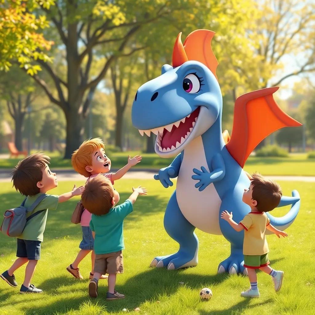 Children reaching out to touch Nimbus, who is playfully becoming a dinosaur shape, laughter spreading across the park, sunny day, lively colors, cheerful scene, high quality