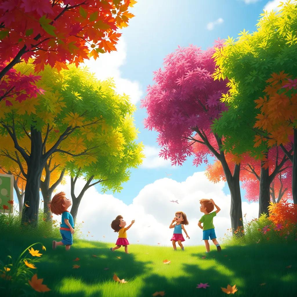 Nimbus hiding behind colorful trees, playful children searching for the cloud, sunlight filtering through leaves, playful atmosphere, bright and inviting, high quality
