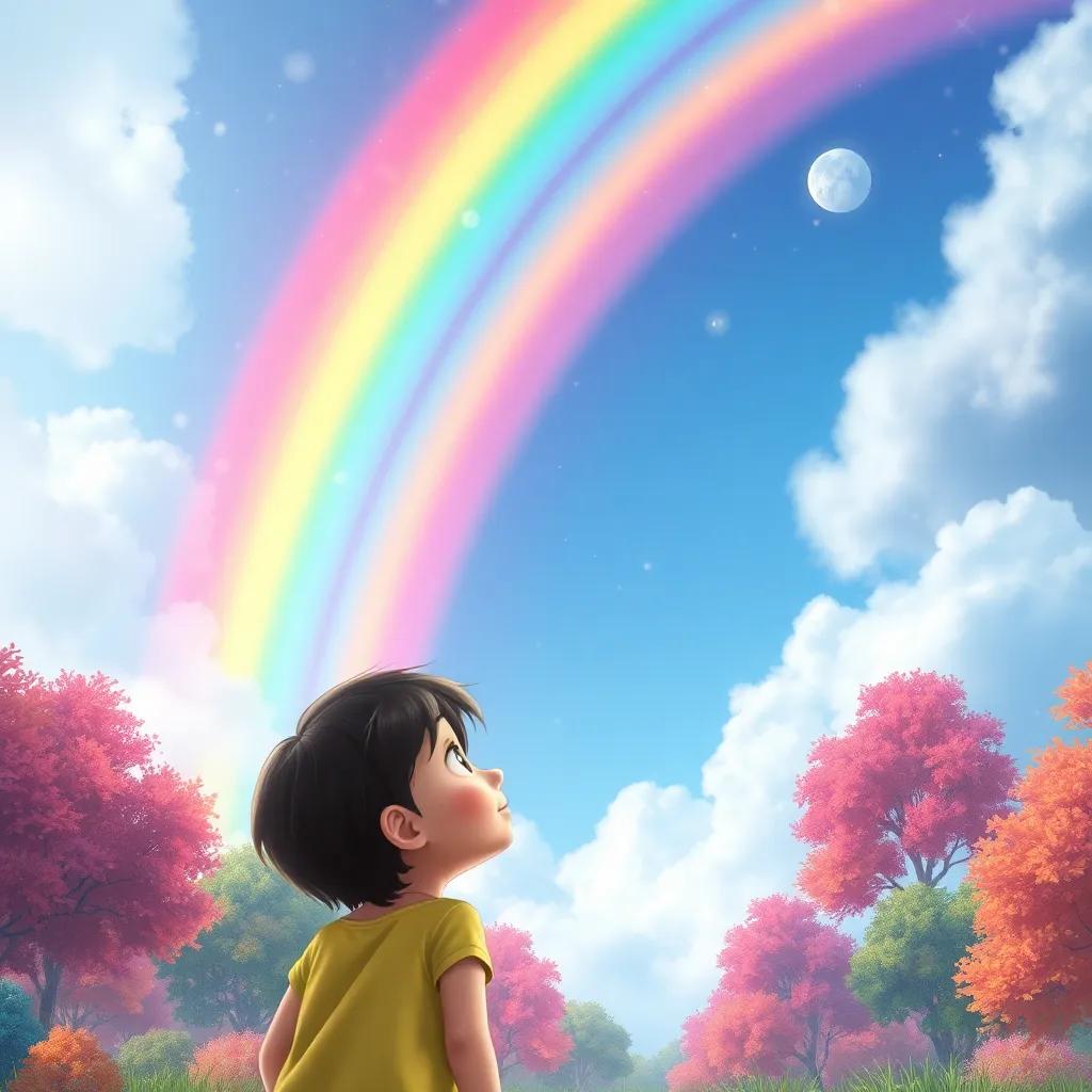 Nimbus filled with rainbow colors, children gazing in wonder with eyes wide open, with colorful trees around, magical scene, vibrant and enchanting, high quality