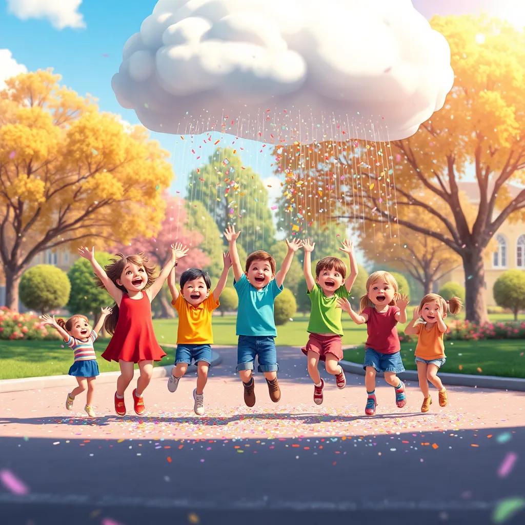 Nimbus raining confetti instead of normal rain, joyful children jumping around collecting the sparkling bits, sunny park, festive atmosphere, bright colors, high quality