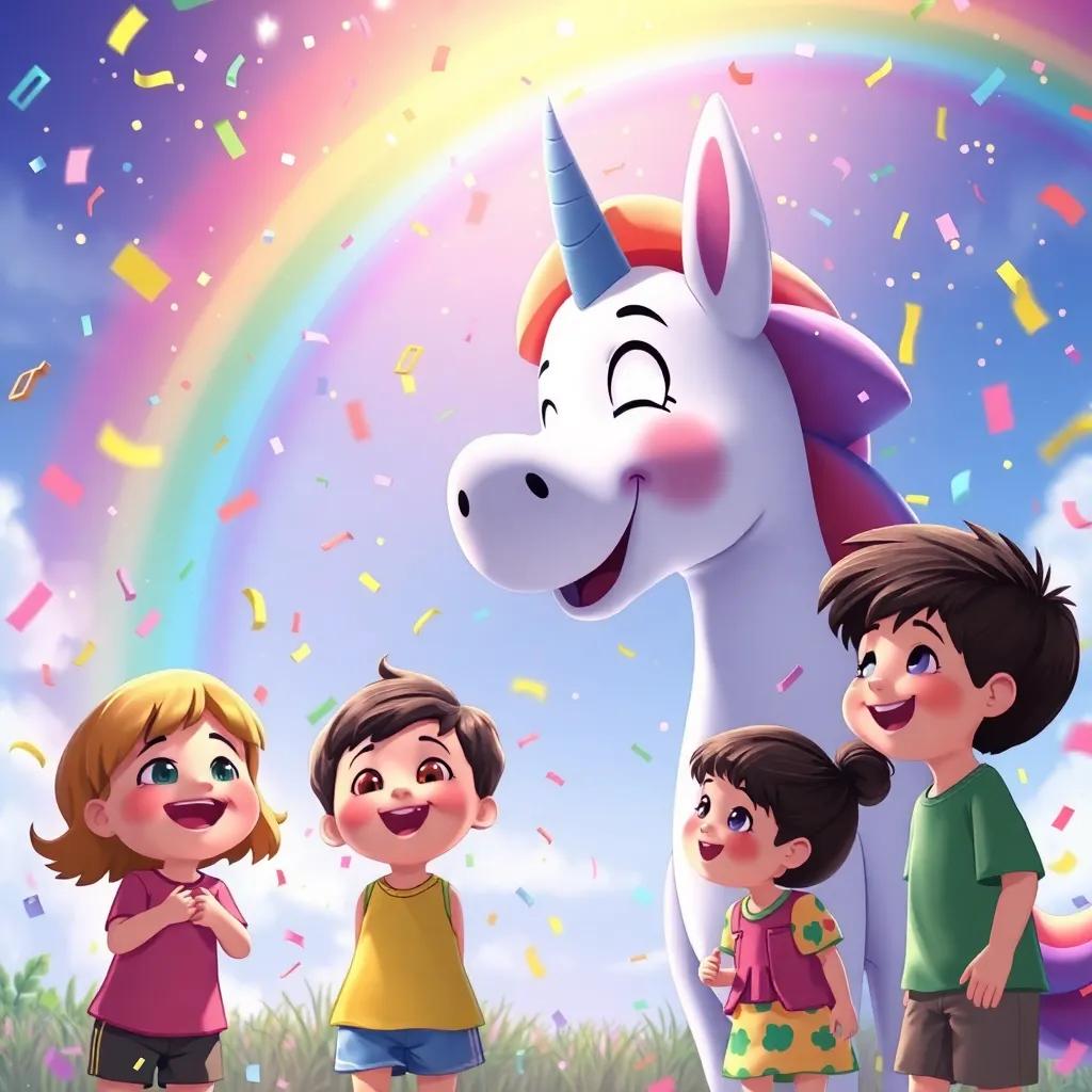 Nimbus, looking down happily as the children playfully enjoy the confetti rain under a rainbow sky, cheerful and magical scene, vibrant colors, high quality