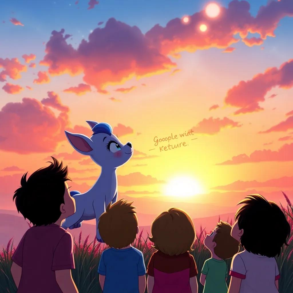 Nimbus waving goodbye as she ascends into the sky, children looking up with smiles and promise to wait for her return, colorful sunset in the background, heartwarming scene, high quality