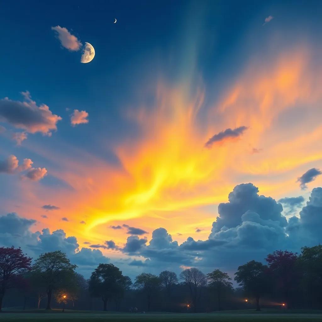 A beautiful sky with Nimbus preparing to return to the clouds, colorful hues of twilight as seen by the children in the park, magical feeling, bright colors, high quality