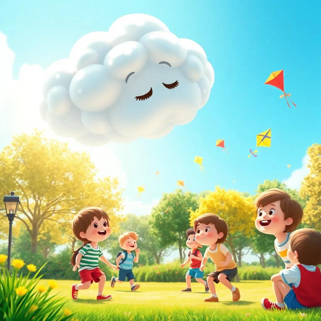A close-up of a playful cloud peering down at children playing in a sunny park, with laughter echoes, colorful kites flying, warm sunlight, joyful scene, vibrant colors, charming illustration