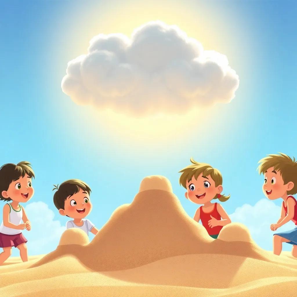 Children building sandcastles under the bright sun, looking up at the playful cloud that casts shadows, showing smiles and excitement, summer vibe, warm light, fun children's illustration