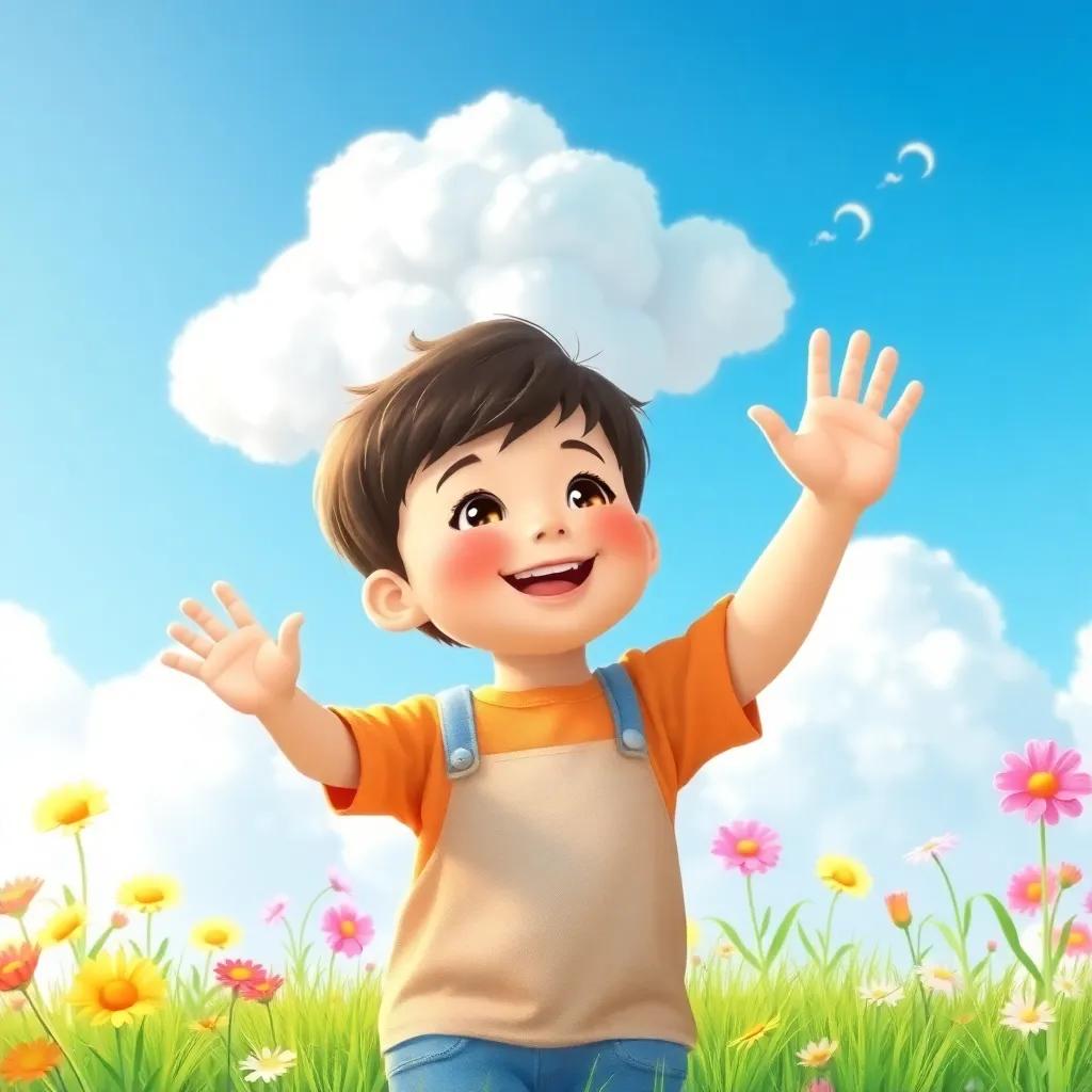 A child waving happily at the playful cloud in the sky, surrounded by bright flowers and green grass, sense of wonder and joy, bright and cheerful colors, cute and inviting style