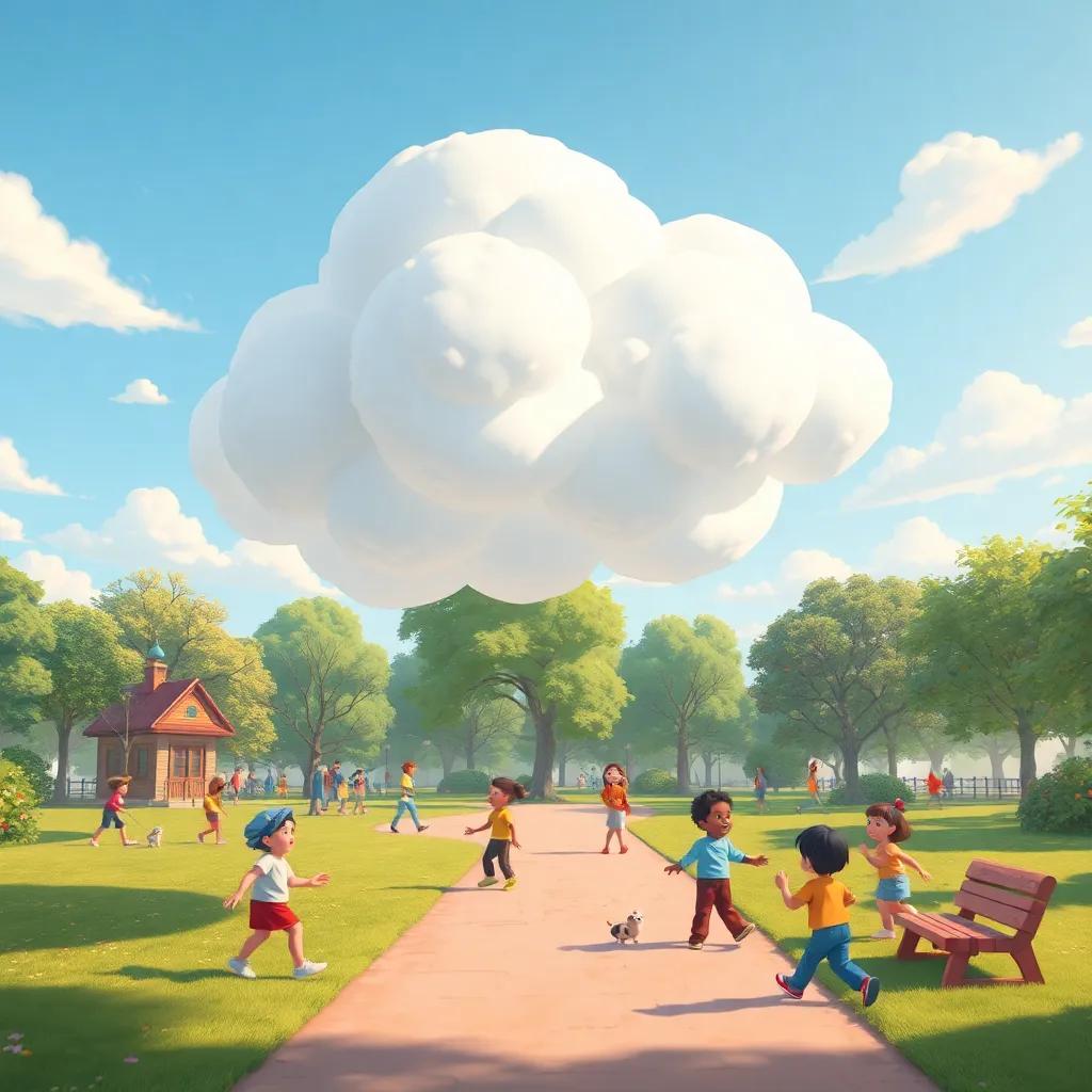 The playful cloud floating playfully over the park, casting soft shadows on children, creating a whimsical and joyful scene with various joyful activities happening, dynamic perspective, colorful illustration