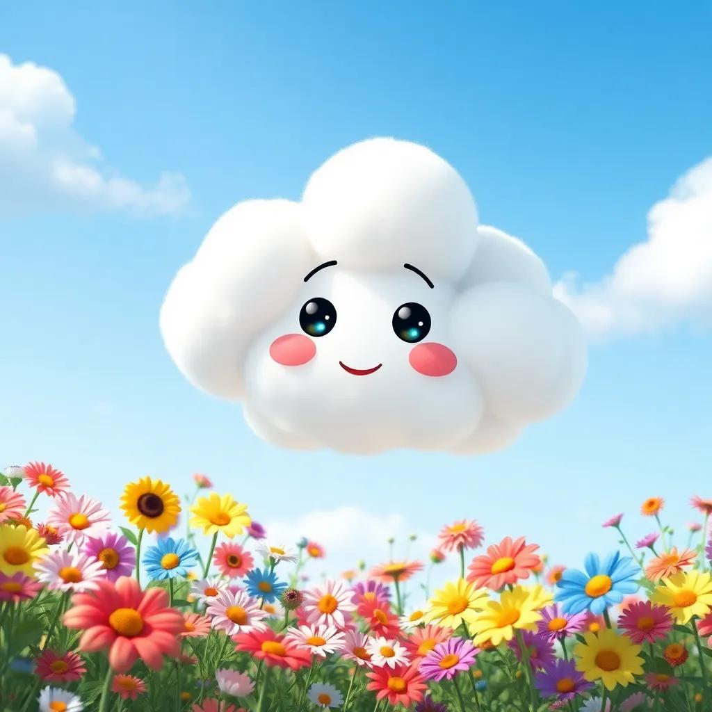 A curious cloud with a fluffy shape and friendly expression, floating over a colorful garden filled with vibrant flowers, under a bright blue sky, digital art, cheerful, playful atmosphere, high quality