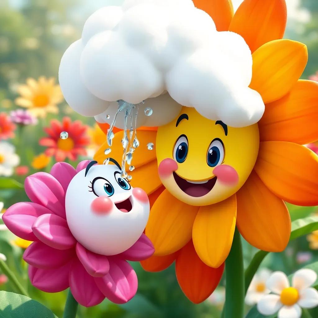 The curious cloud gently splashing water onto a giant flower in a garden, the flower looking surprised and happy, colorful petals, playful expressions, digital illustration, bright colors, engaging perspective, high quality