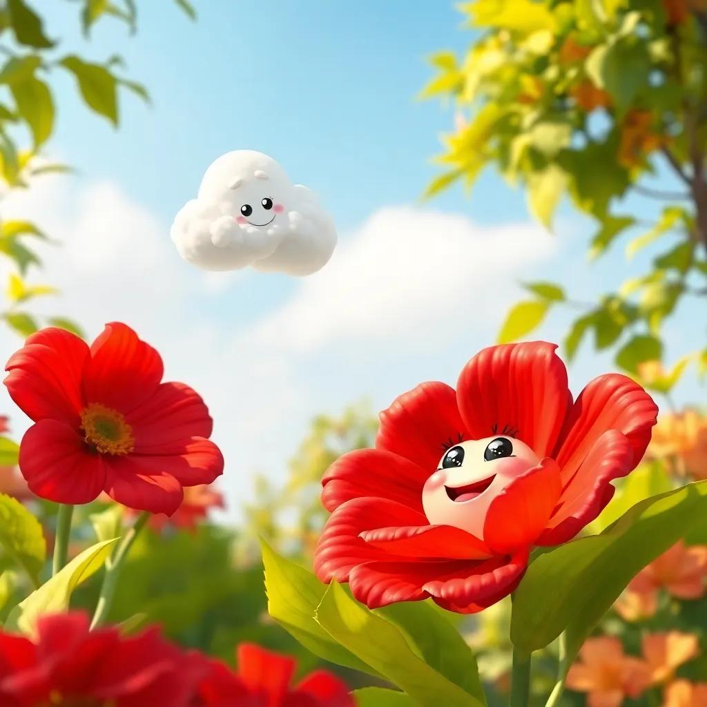Rosa, a giant red flower, smiling and waving at the curious cloud, surrounded by cheerful green leaves, in a sunny garden, digital art, warm colors, inviting atmosphere, high quality