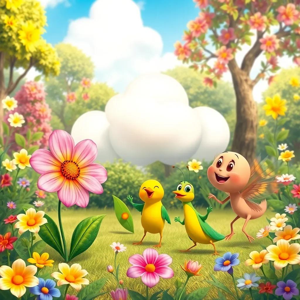 A joyful scene of the cloud, Rosa the flower, Pío the little bird, and Saltarín the grasshopper playing together in the garden, with flowers and trees dancing in the background, vibrant colors, playful theme, high quality