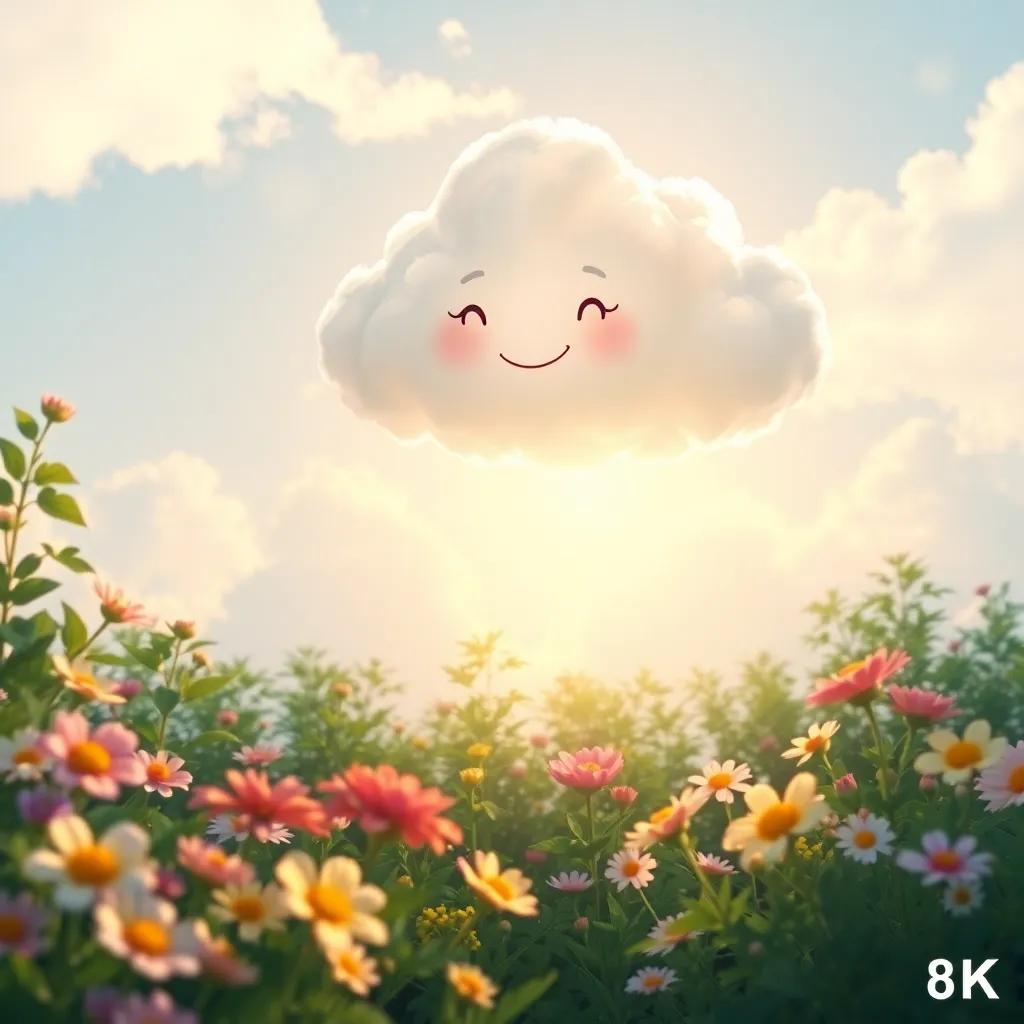 The cloud happily floating above the garden while gazing down at her friends, with sunlight sparkling through the flowers and a sense of love in the atmosphere, digital art, warm and inviting colors, high quality