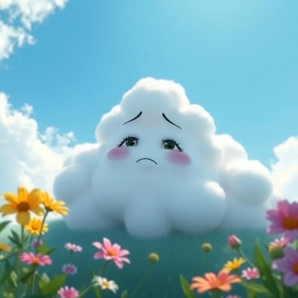 The cloud looking a bit sad while waving goodbye to her friends in the garden, with a bright blue sky above and flowers leaning towards the cloud with love, emotional scene, digital art, rich colors, high quality
