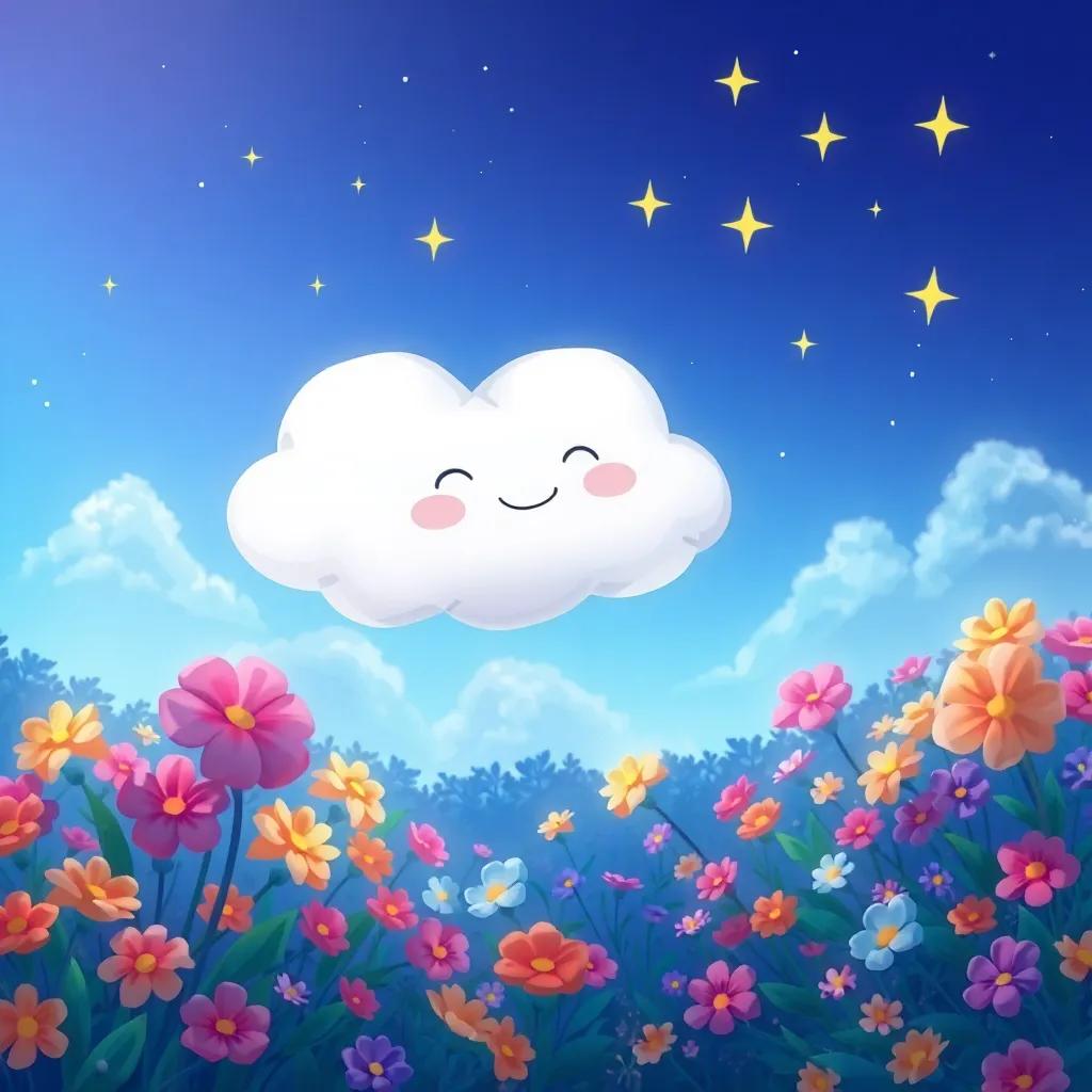 The cloud happily floating in the sky, looking down at the garden full of flowers, with twinkling stars in the background symbolizing memories, vibrant colors, dreamy illustration, high quality