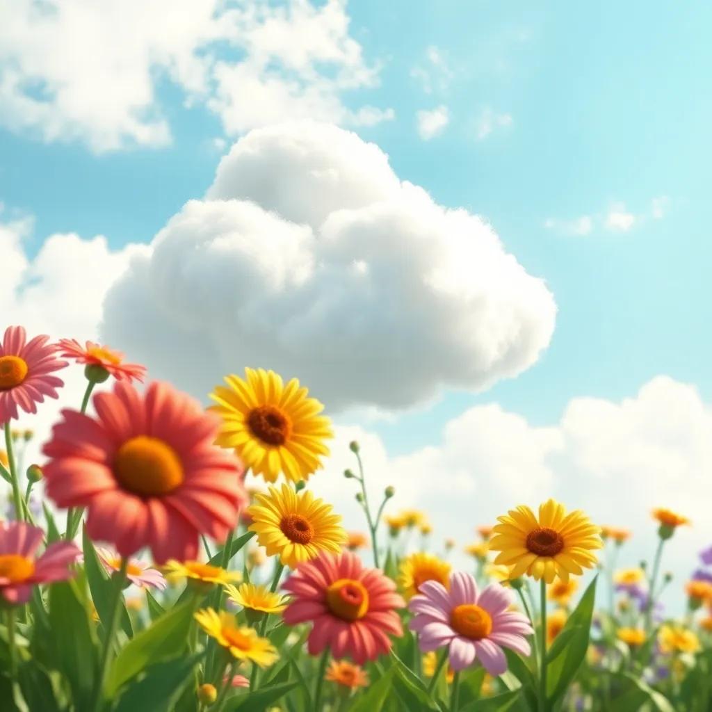 The cloud returning to the garden after a long time, with excitement in her fluffy form, flowers brightly colored and looking wonderfully happy, joyful atmosphere, digital art, high quality
