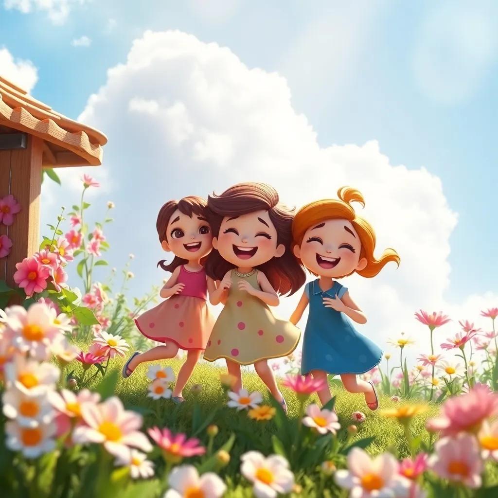 The cloud, Rosa, Pío, and Saltarín playing together in the garden once more, with flowers blooming around them and powerful sunlight illuminating their joy, magical and cheerful, digital art, high quality