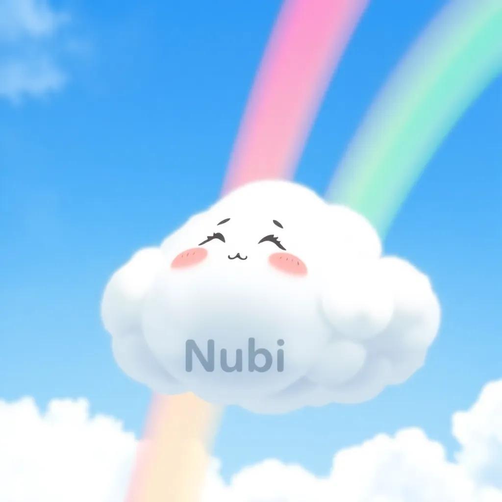 A soft, fluffy cloud named Nubi, floating in a bright blue sky, gazing longingly at colorful rainbows, with a hopeful expression, digital art, cheerful colors, whimsical atmosphere, high quality