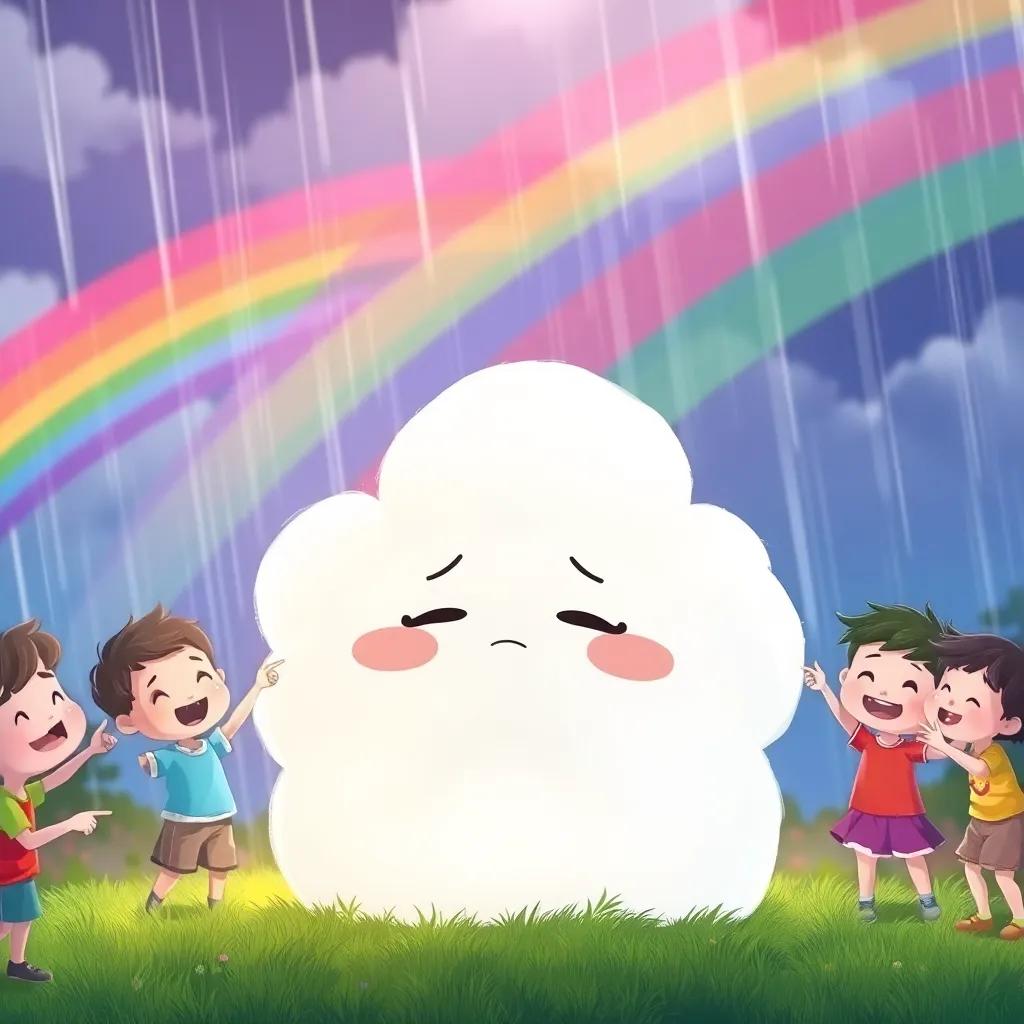 Nubi, a fluffy white cloud, looking sad as colorful rainbows dance in the background after the rain, surrounded by playful children pointing and smiling, illustration, vibrant colors, engaging scene, child-friendly