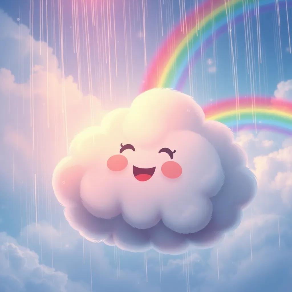 Nubi, a fluffy cloud, puffing up with excitement as fresh rain falls from the sky, yearning to join the rainbows above, with droplets sparkling in the sunlight, digital painting, lively scene, uplifting feel