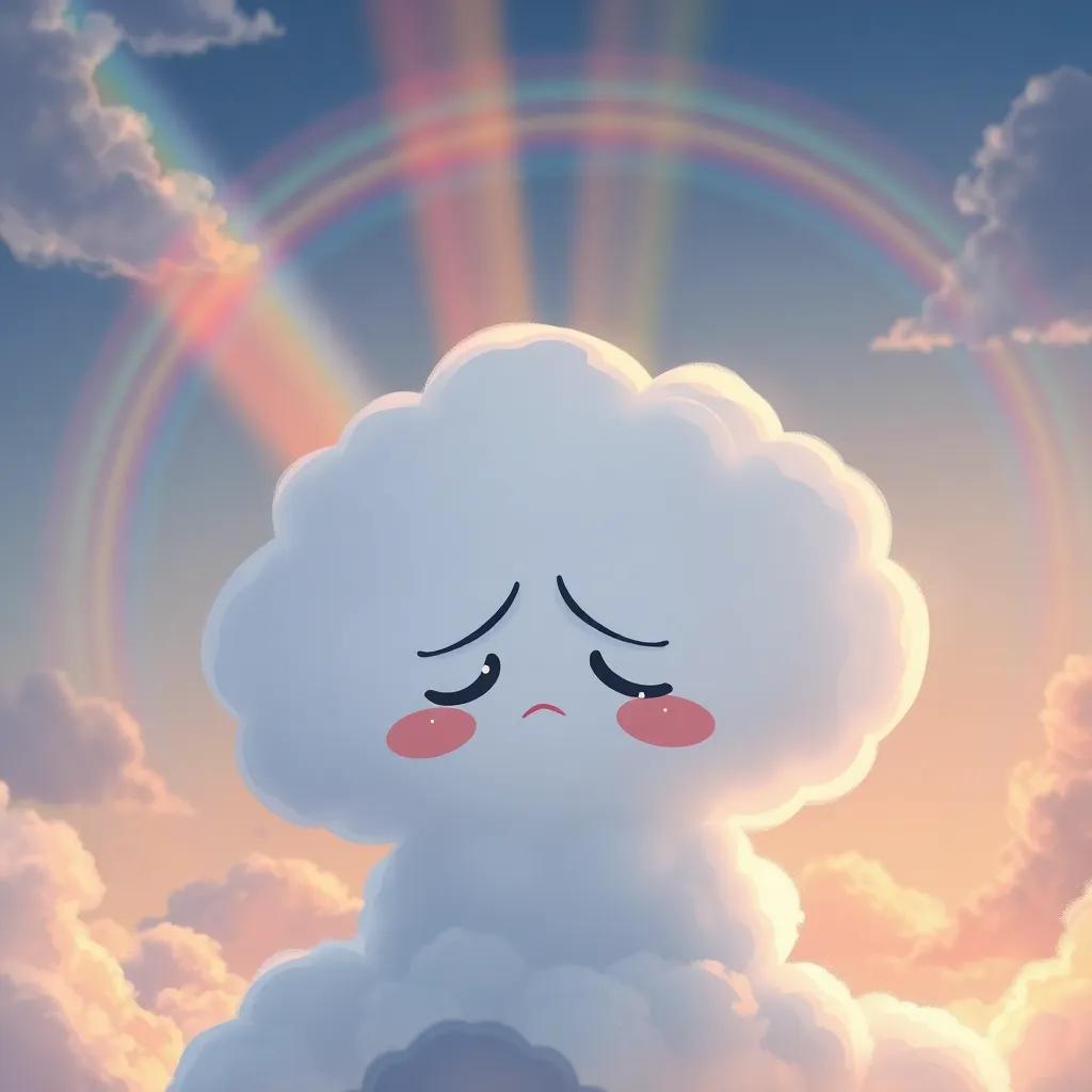 Nubi, a fluffy cloud looking frustrated in the sky, with bright rainbows appearing behind her, showing emotions of disappointment, colorful illustration, atmospheric view, touching moment