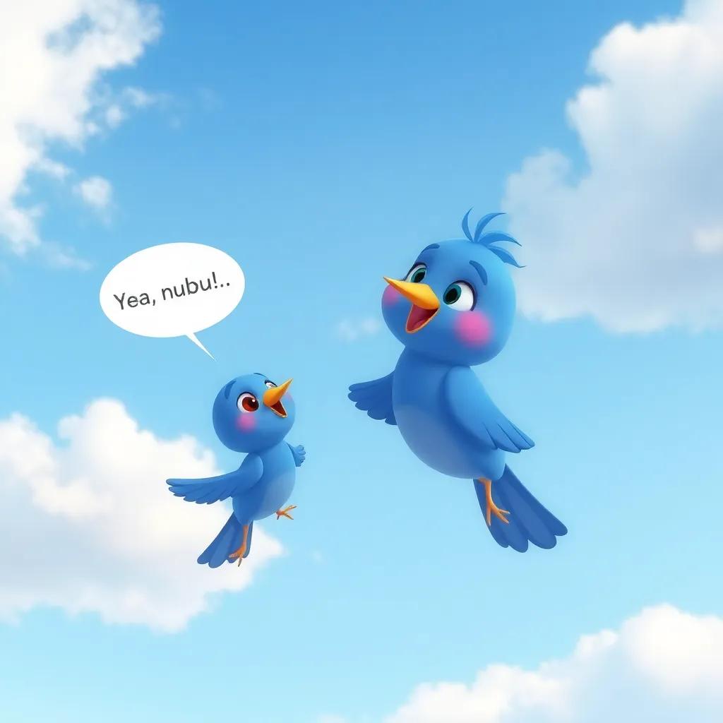 A cheerful blue bird flying near Nubi, talking and trying to cheer her up, with a beautiful clear sky and soft clouds in the background, friendly atmosphere, cartoon style, heartwarming scene