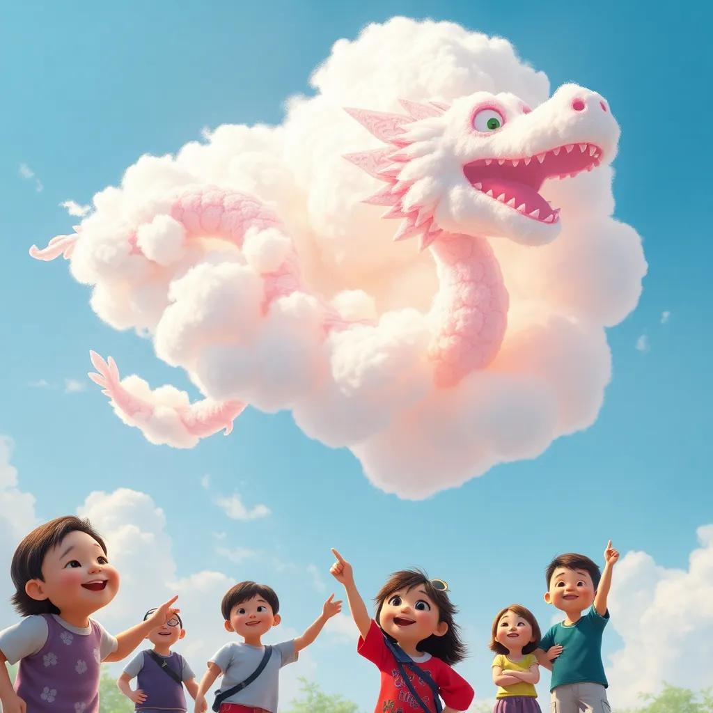 Nubi, transformed into a unique fluffy cloud, playfully forming figures like a dragon in the sky, captivating children and families below who are smiling and pointing, vibrant digital art, joyful experience