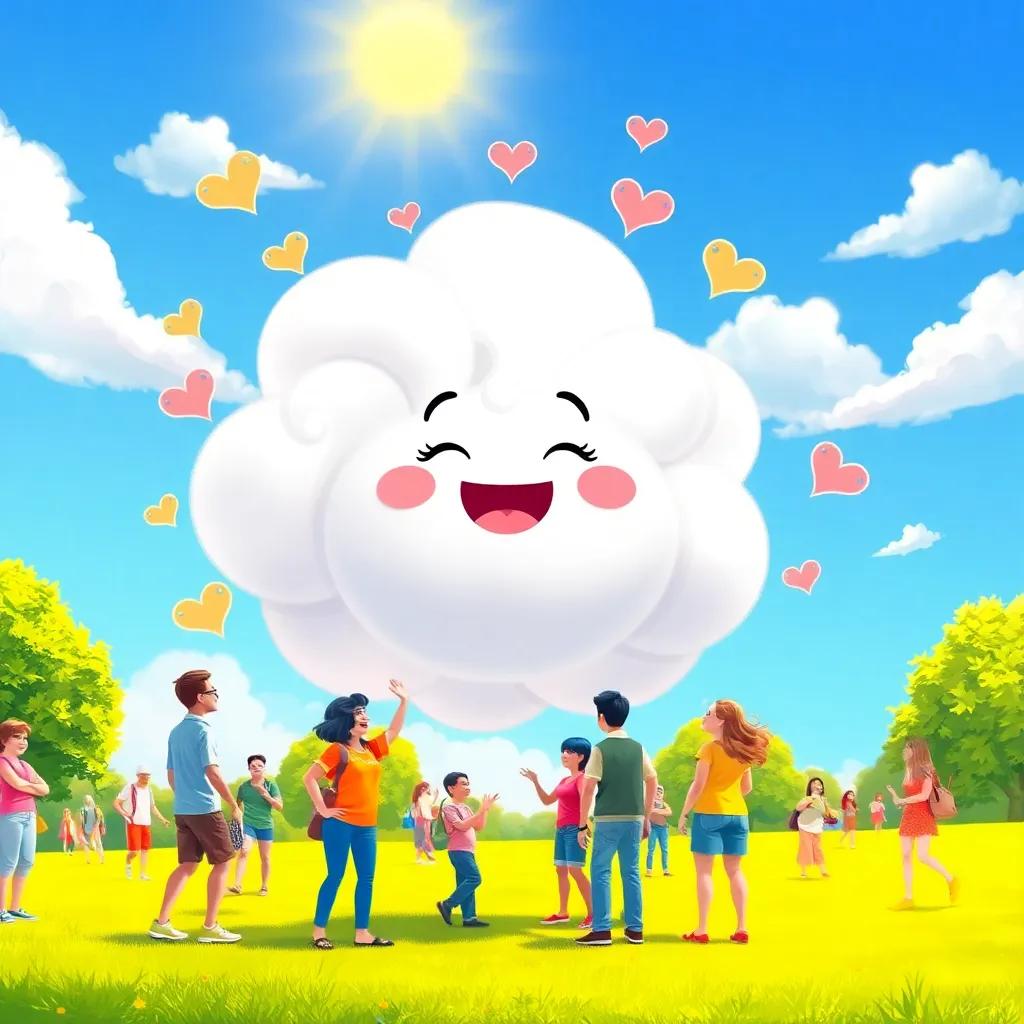 Nubi, the happy cloud surrounded by cheerful people in a sunny park, creating fun shapes in the sky, showing her happiness and pride, bright colors, engaging setting, lively atmosphere