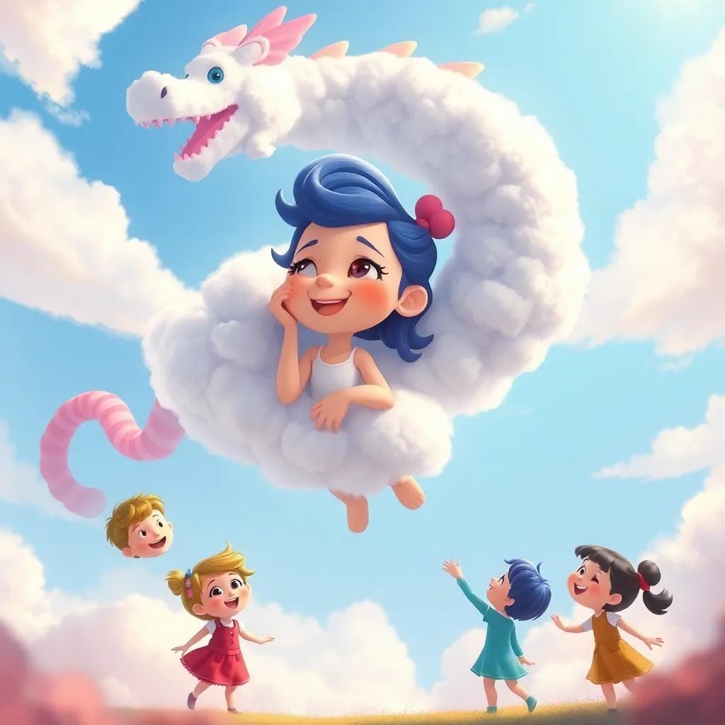Nubi as a fluffy cloud, looking joyful as she creates a dragon shape in the sky, with children delighting in the sight, colorful and enchanting, joyful digital artwork