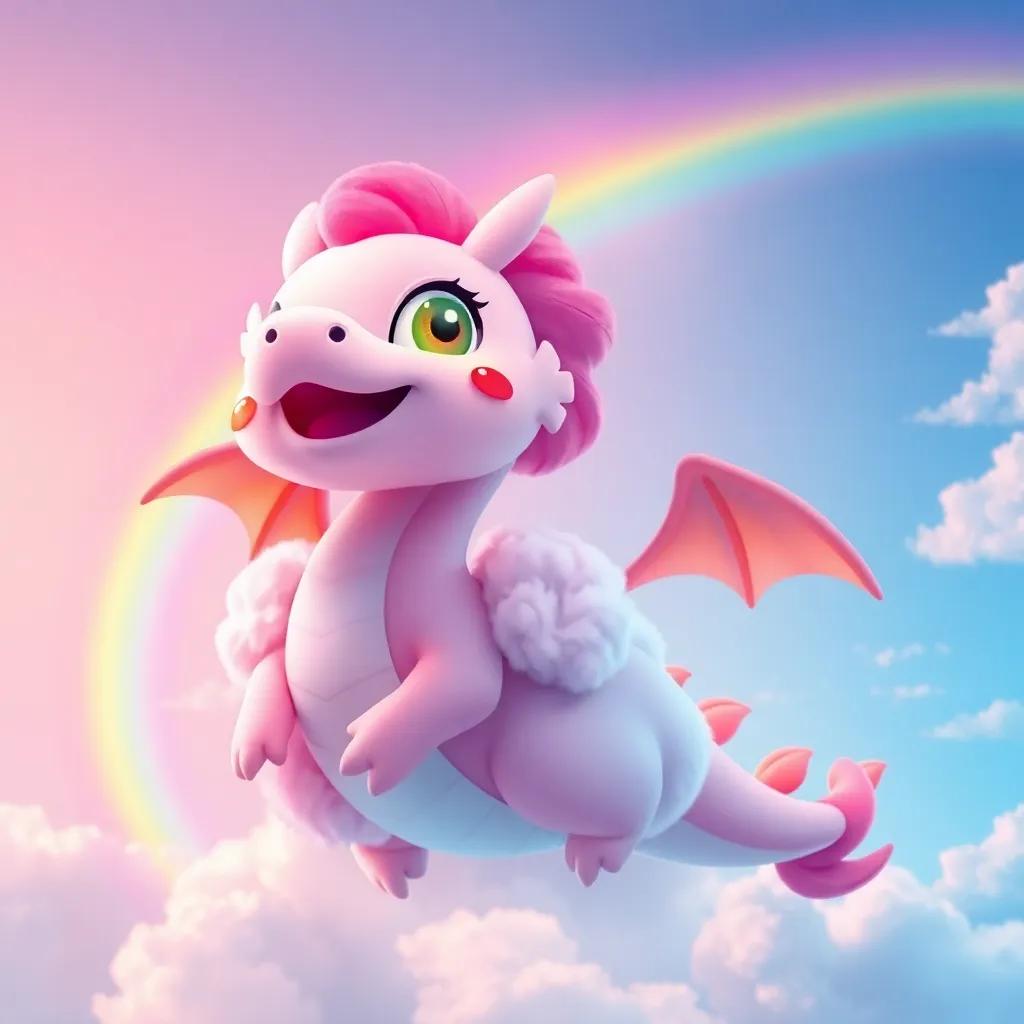 Nubi, a vibrant cloud, celebrating her uniqueness as a soft dragon in the sky, with a rainbow appearing in the background, symbolizing happiness and joy, colorful, cheerful art style, bright imagery