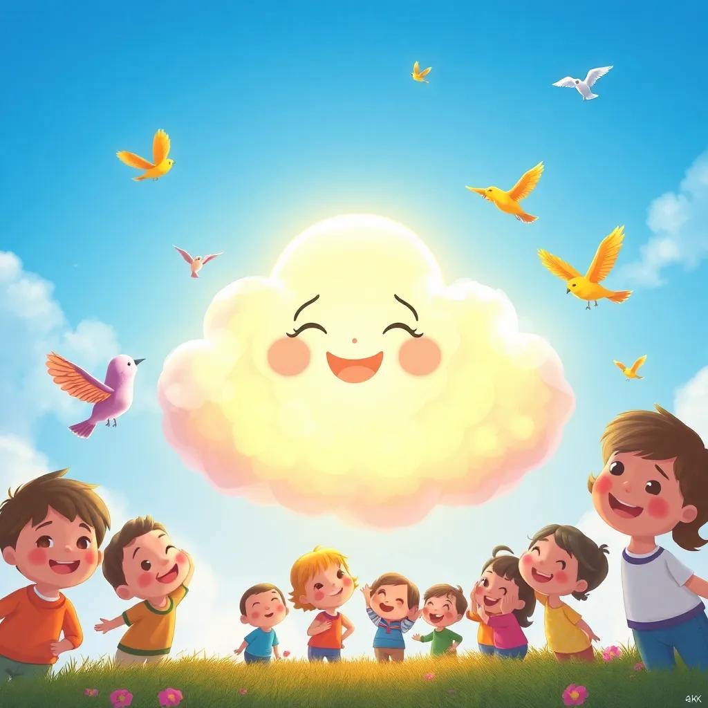 Nubi, the happy cloud, floating in a blue sky, her heart shining as she embraces her own beauty, surrounded by smiling children and playful birds, colorful and warm, encouraging illustration