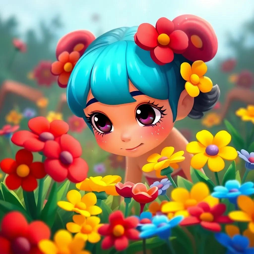 Lluvia looking down at colorful flowers blooming on the ground, vibrant reds, yellows, and blues, with a sparkle in her eyes, illustration, bright colors, engaging view, child-friendly