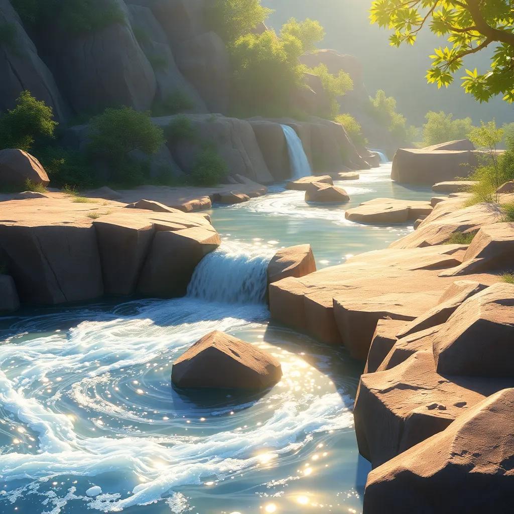 A wise, flowing river named Río Sabio, sparkling under the sunlight, with gentle waves and a friendly smile, digital painting, warm light, inviting, high quality