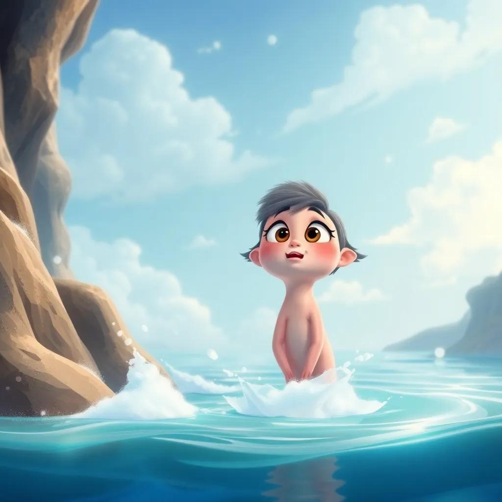 Lluvia, feeling excited yet scared, floating next to Río Sabio, listening closely, with fluffy formations and a graceful expression, illustration, engaging perspective, light colors