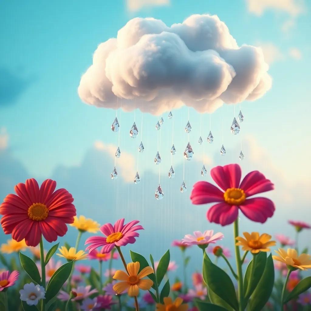 Lluvia drops starting to fall from the fluffy cloud, making joyful flowers below dance in the rain, vibrant colors, cheerful atmosphere, high quality