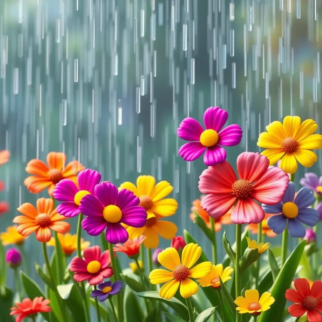 Colorful flowers happily receiving the rain, lifting their petals and dancing, displaying vibrant colors, joyful scene, digital art, light and cheerful, child-friendly