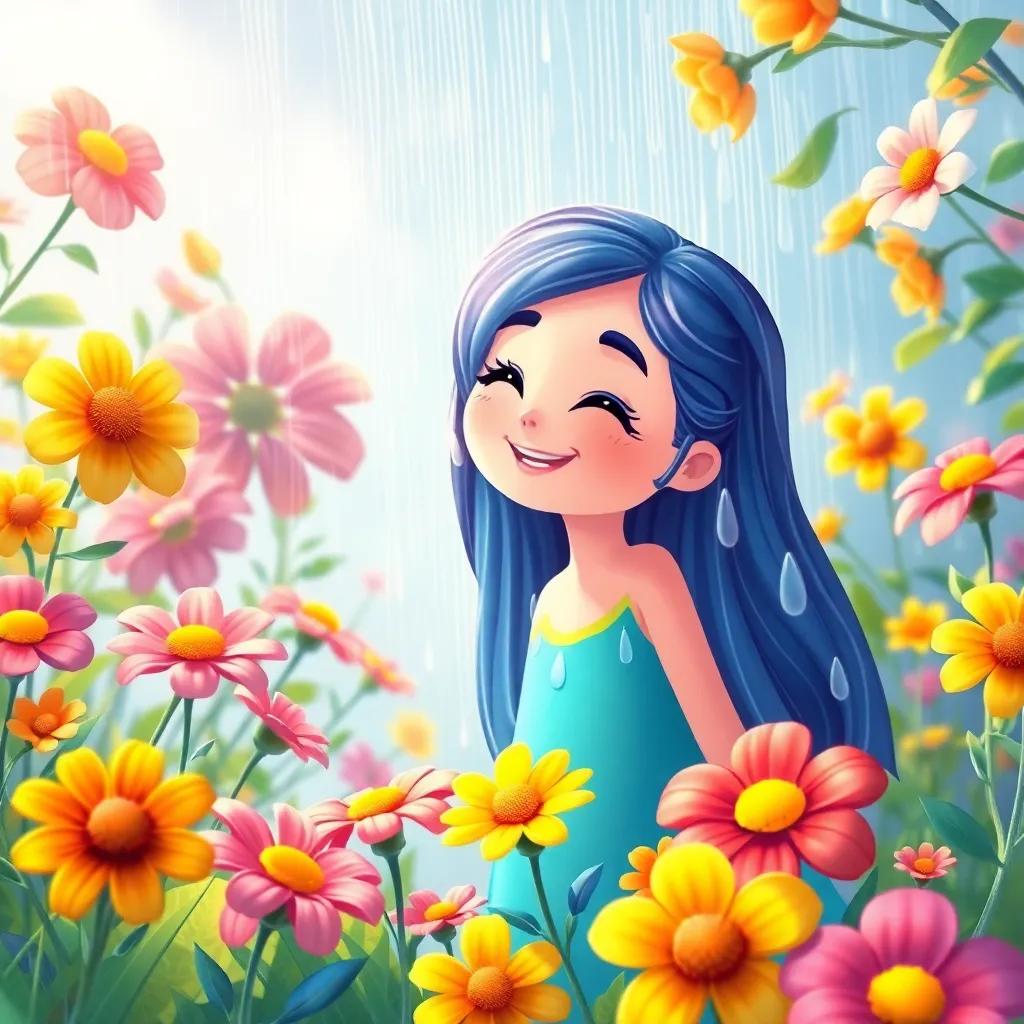 Lluvia smiling as she continues to rain, surrounded by happy flowers vibrant and alive, bright colors, inspiring atmosphere, engaging illustration