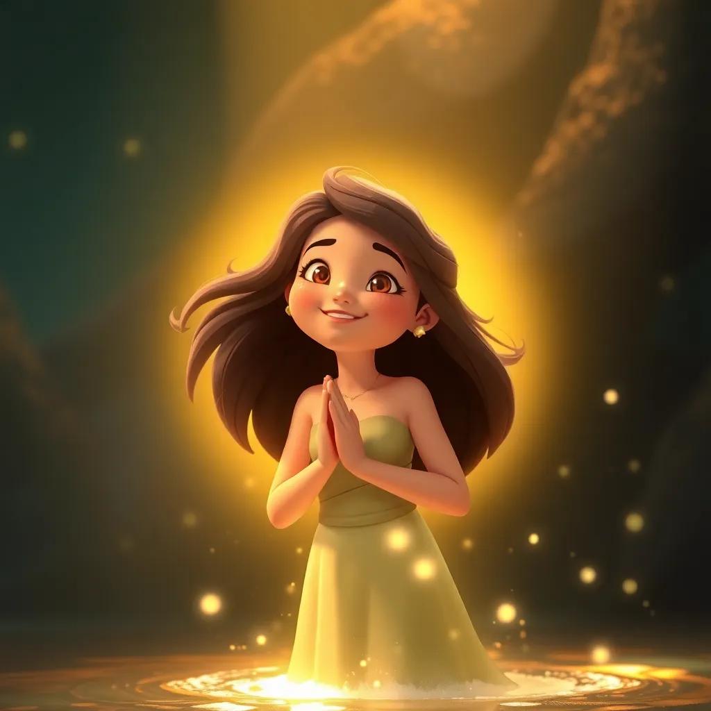 Lluvia returning to Río Sabio, expressing her gratitude, with a radiant glow around her, digital art, warm and joyful, high quality
