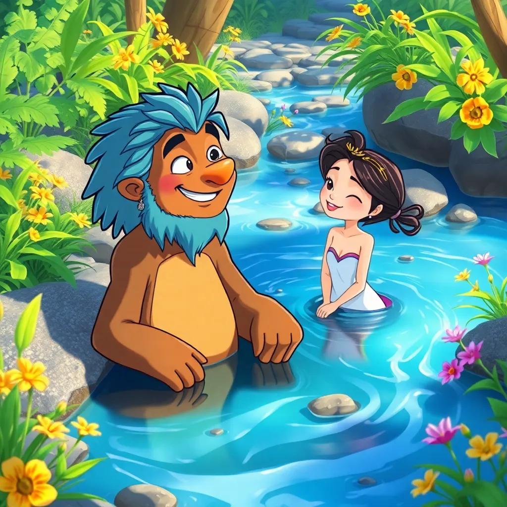 Río Sabio smiling back, sharing wisdom with Lluvia, water flowing gently, surrounded by bright plants and flowers, digital illustration, peaceful colors, engaging view
