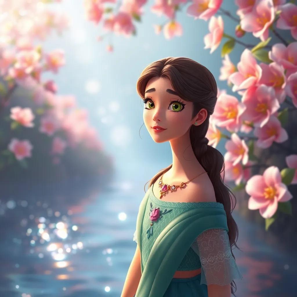 Lluvia with a gentle expression, remembering her journey of giving, with a sparkling background of blooming flowers and shimmering water, digital art, inspiring, high quality