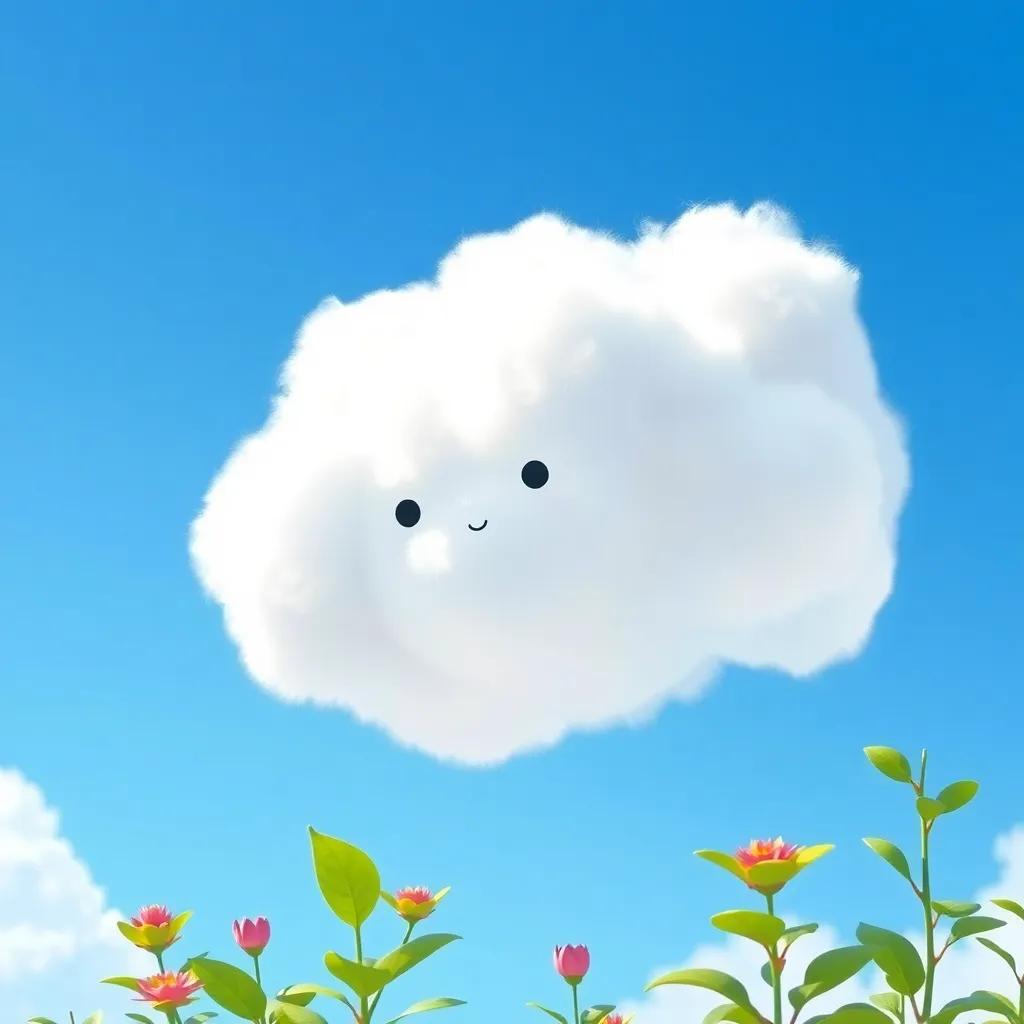 A fluffy white cloud named Nubi floating in a bright blue sky, looking down at the thirsty plants below, digital art, cheerful, vibrant colors, inviting atmosphere, high quality