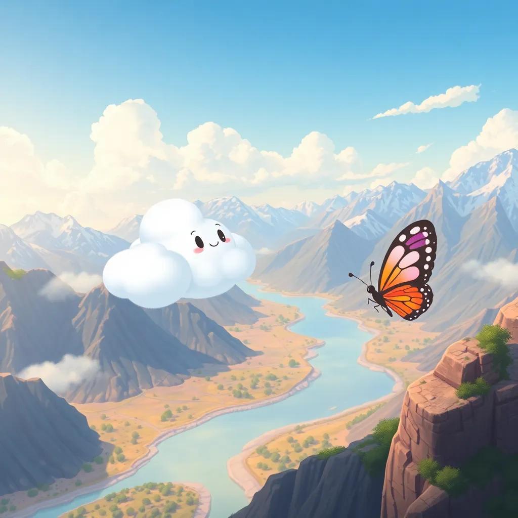 Nubi the cloud soaring over majestic mountains and rivers, watching beautiful landscapes, meeting a colorful butterfly named Lila, illustration, adventure-themed, playful and inviting